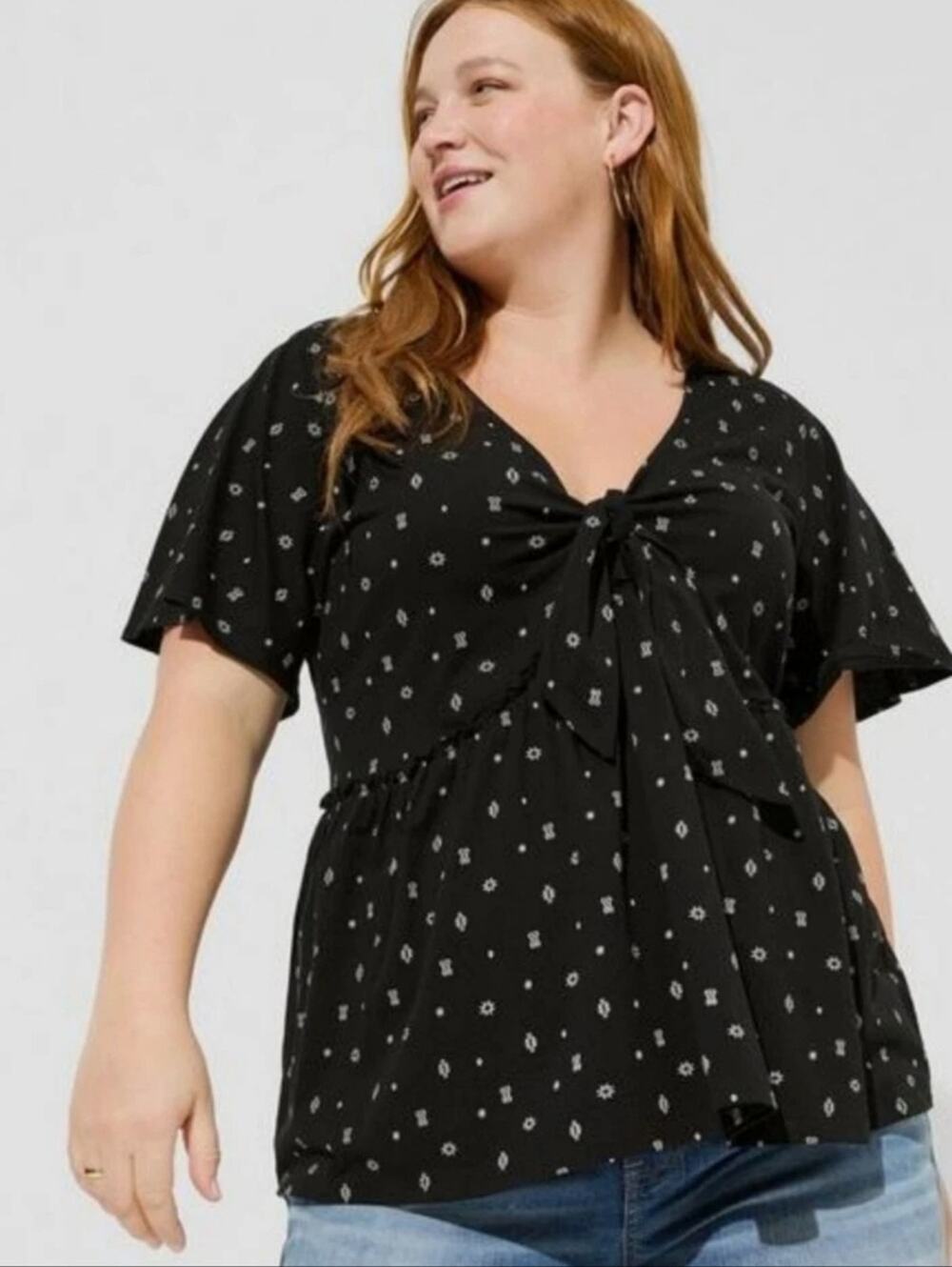 Torrid Vintage Cotton Jersey V-Neck Relaxed Tie Front Blouse Black/White 3/3x